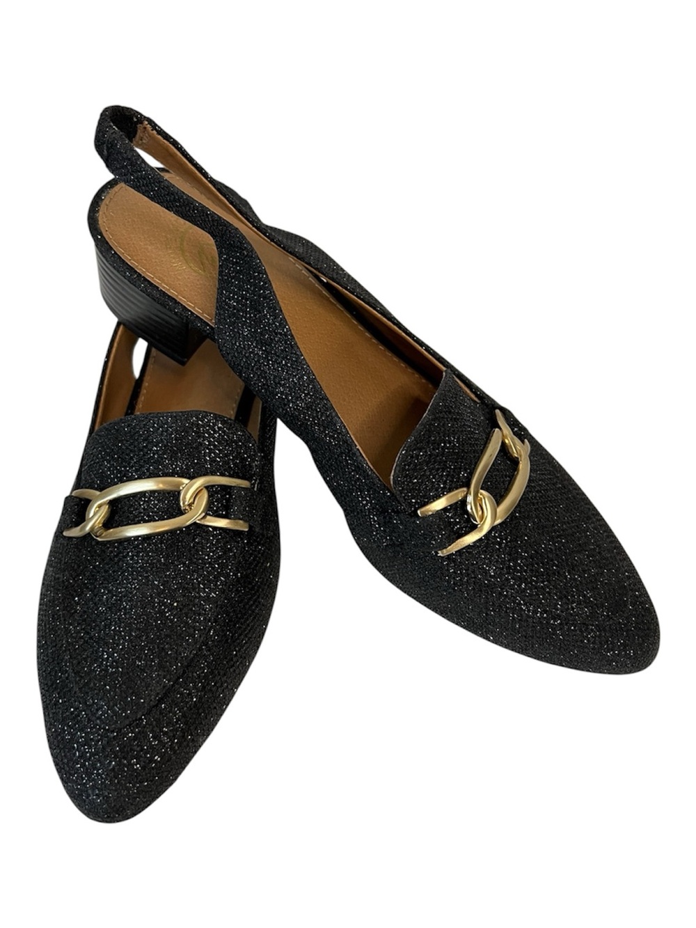 White Mountain Boreal NWOT Black Glitter Slingback Loafers with Gold Chain